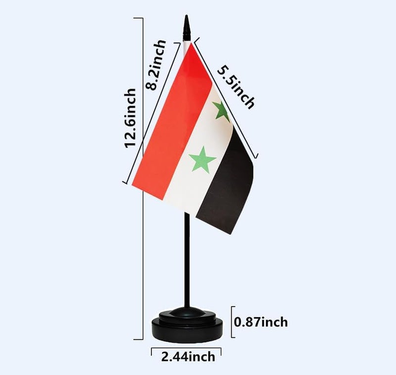 tibijoy Syria Syrian Small Mini Desk Flag Set Miniature Syria Syrian Table Office Flag with 13" Black Pole, Black Base, Miniature Syria Deluxe Desktop Flag(2 Pack) - Image 3